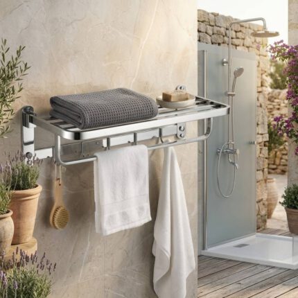 ΠΕΤΣΕΤΟΚΡΕΜΑΣΤΡΑ ΜΠΑΝΙΟΥ LUCKY chrome 60cm με άγγιστρα stainless steel 304